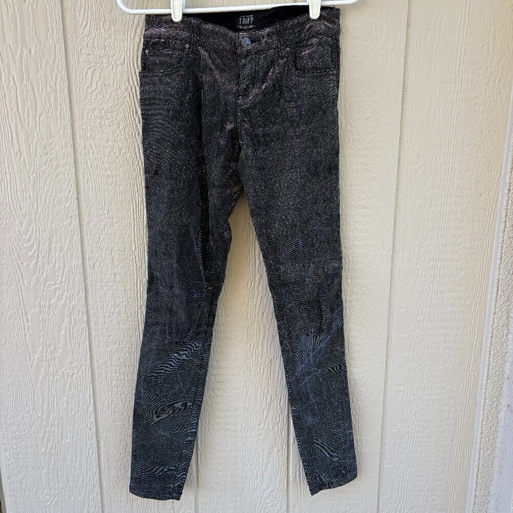 Tripp NYC Glitter Pants Women's 27 Back Silver Grunge Emo Goth Skull Party NYE